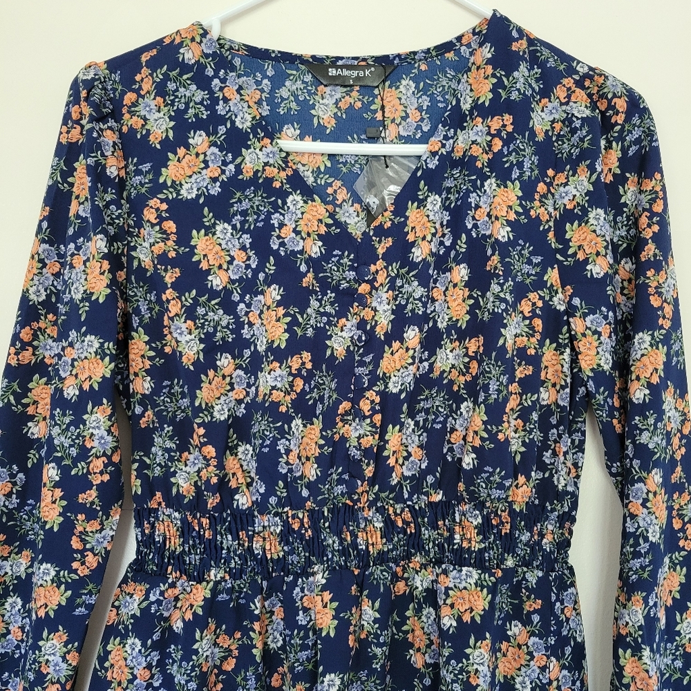 Allegra K Vneck Longsleeve Blue And Orange Floral Dress - Picture 4 of 6